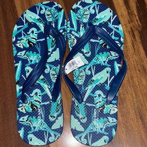 Blue and Green Flip Flops with Tropical Print